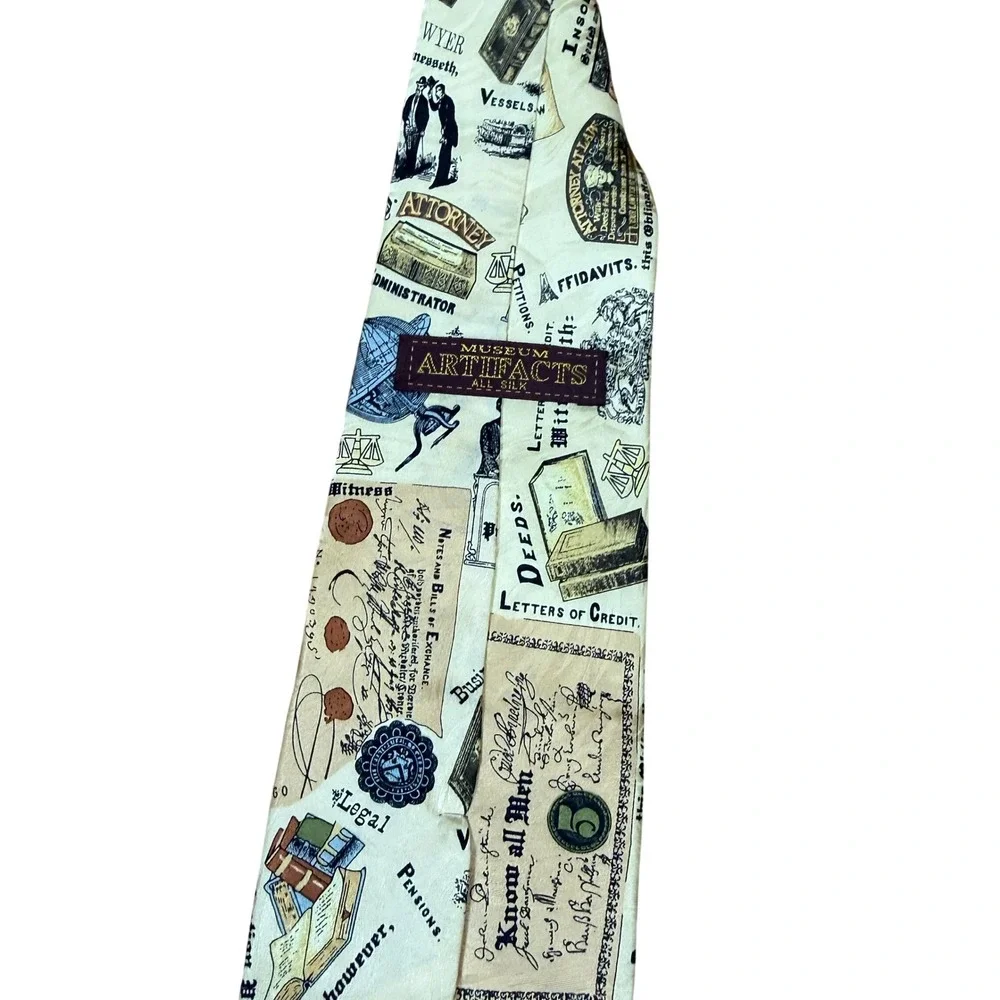 Museum Artifacts Necktie Mens OS Cream Legal Law History Silk Novelty Print